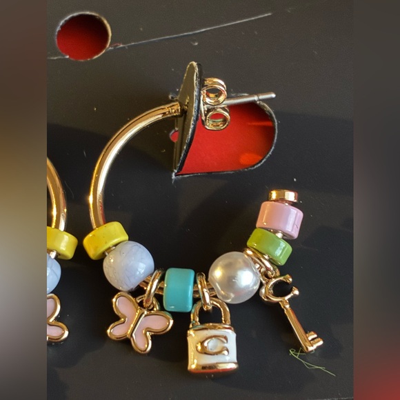 COACH Earrings,Coach Gold Hoop Earrings with Pastel Charms - Picture 4 of 7